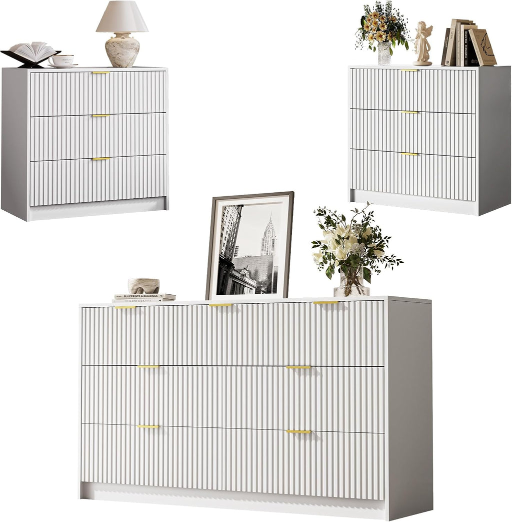 MAISONARIA 3-Piece Dresser Bedroom Set, 7 Drawer Dresser & 3 Drawer Nightstands with Gold Handles, Fluted Wood Chest of Drawers for Bedroom, Living Room, Entryway, White