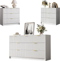MAISONARIA 3-Piece Dresser Bedroom Set, 7 Drawer Dresser & 3 Drawer Nightstands with Gold Handles, Fluted Wood Chest of Drawers for Bedroom, Living Room, Entryway, White