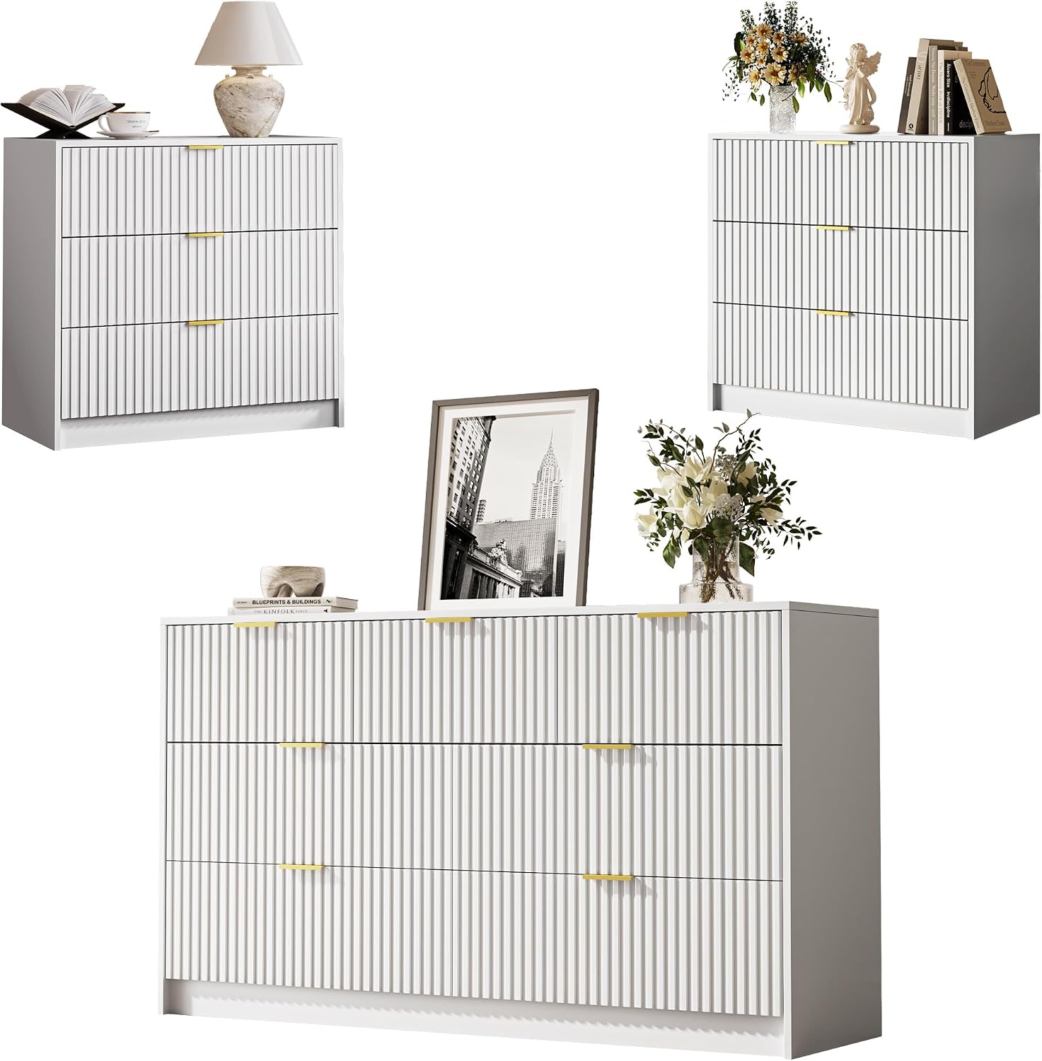MAISONARIA 3-Piece Dresser Bedroom Set, 7 Drawer Dresser & 3 Drawer Nightstands with Gold Handles, Fluted Wood Chest of Drawers for Bedroom, Living Room, Entryway, White