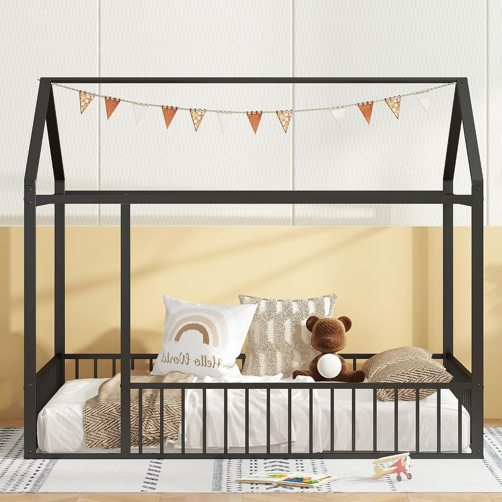 Bellemave Twin Floor Bed Frame, Metal Montessori Floor Bed Twin with Fence for Boys Girls Bedroom Playhouse for Kids No Slat, Easy Assembly House Shaped Floor Beds Black