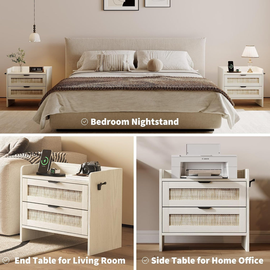 Rattan Nightstand Set of 2, Bedside Table, Modern Night Stand with Type-C Charging Station, 2 Drawer Storage Space, with Hook Included, Suitable for Bedroom, Office as a End Table, Side Tables