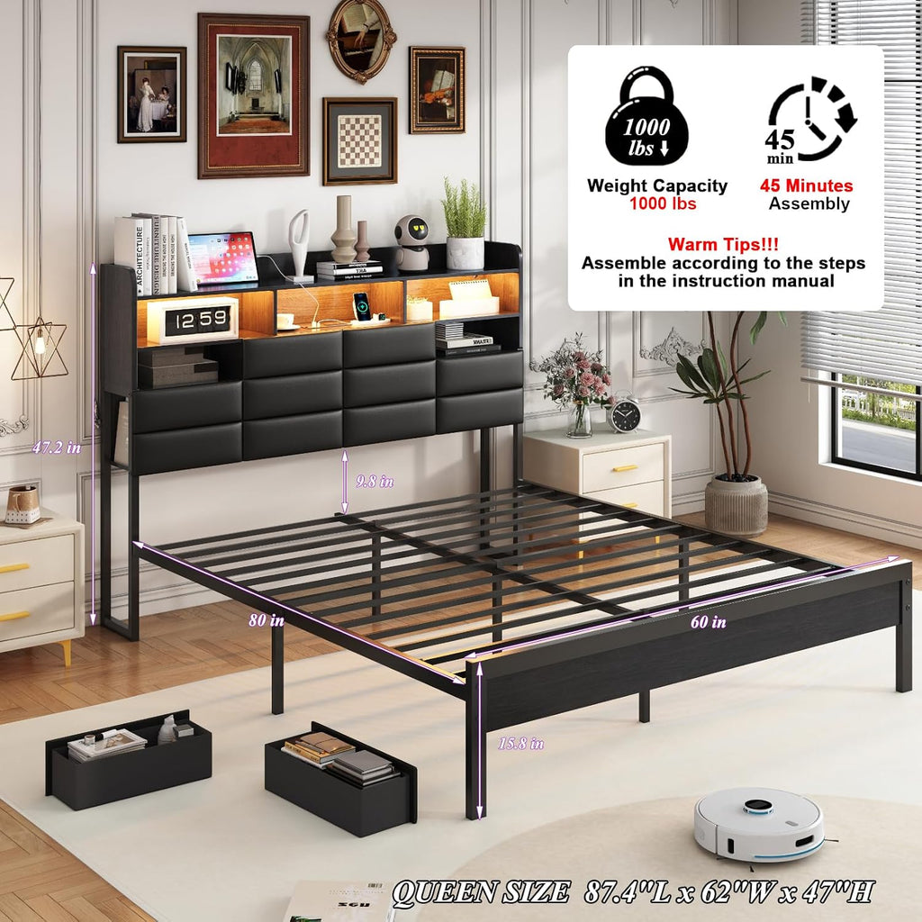 Queen Size Black Bed Frame with 2 Storage Drawers and Charging Station, Upholstered Bed Frame with PU Leather Headboard LED Lights, Metal Slats Support, No Box Spring Needed, Noise Free