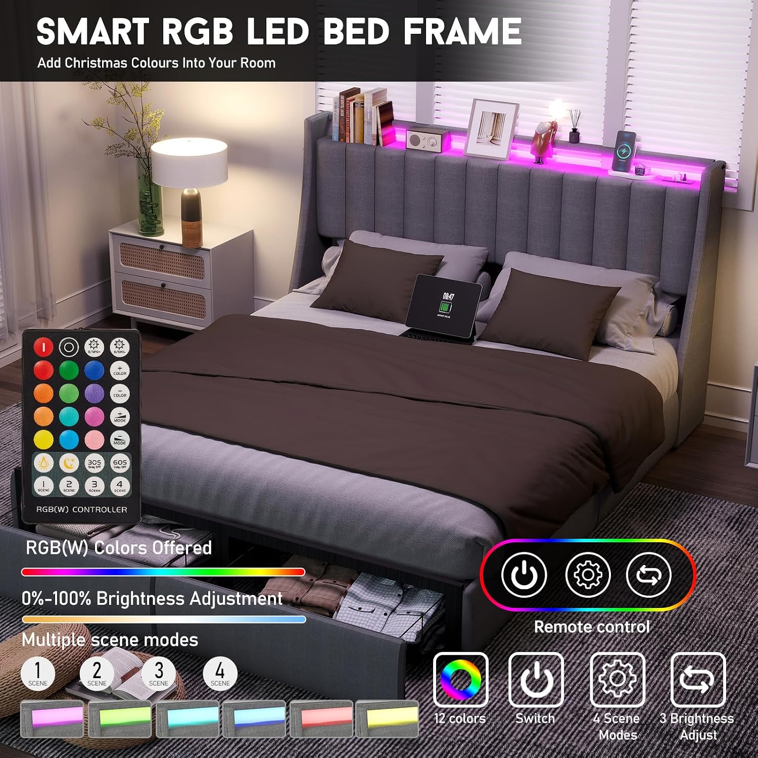 Queen Bed Frame with Headboard and 2 Storage Drawers, Platform Bed Frame Queen Size Upholstered with LED Lights and Charging Station, Steel Slat Support, No Box Spring Needed, Easy Assembly, Gray