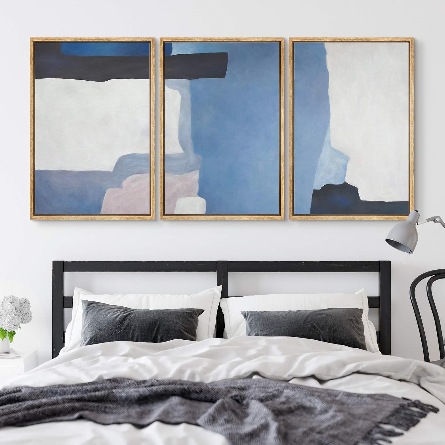 NWT Framed Wall Art Print Set Blue Watercolor Blot Set Abstract Shapes Illustrations Modern Art Minimalist Colorful Pastel for Living Room, Bedroom, Office - 16'x24'x3 Natural
