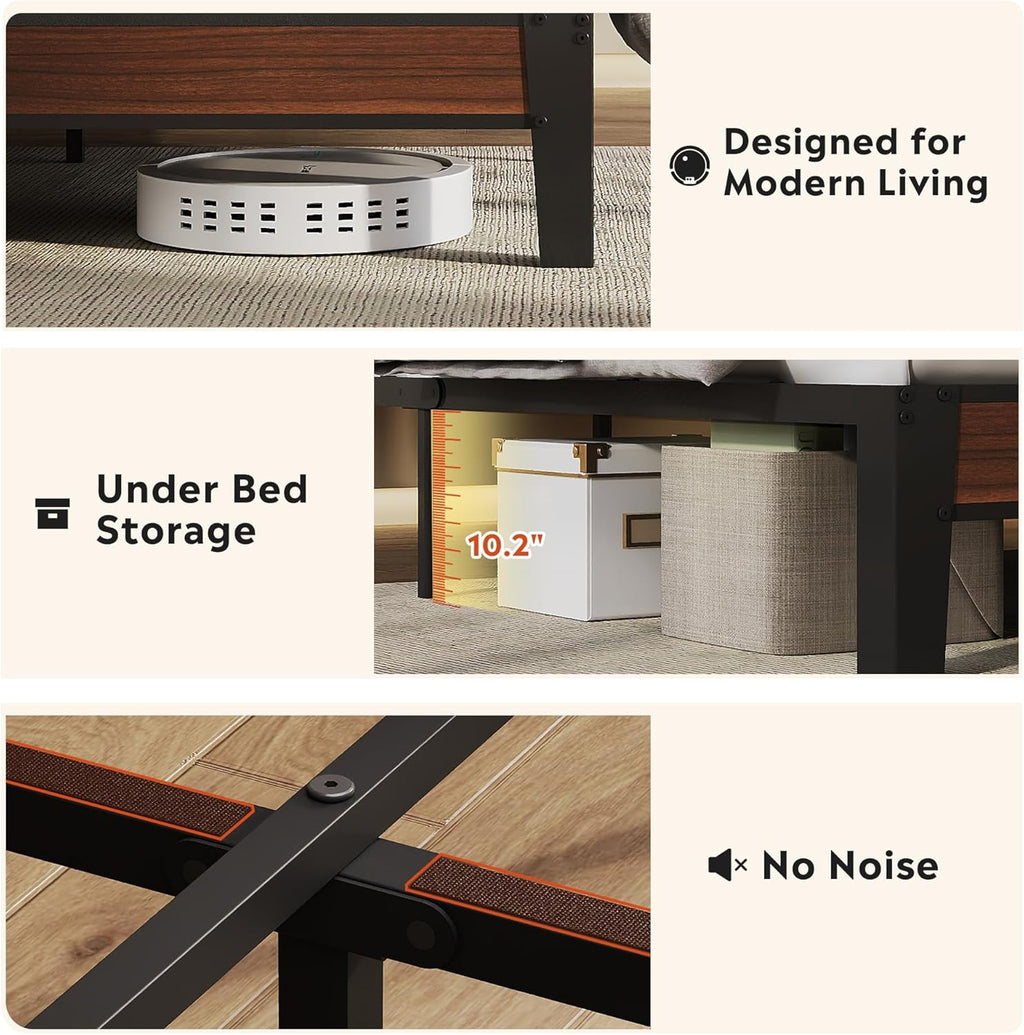 WLIVE Queen Bed Frame with Headboard, Upholstered Bed Frame with 2 Storage Shelves, Platform Bed with LED Lights and Charging Station, 1500LBS Mattress Foundation, No Box Spring Needed, Black