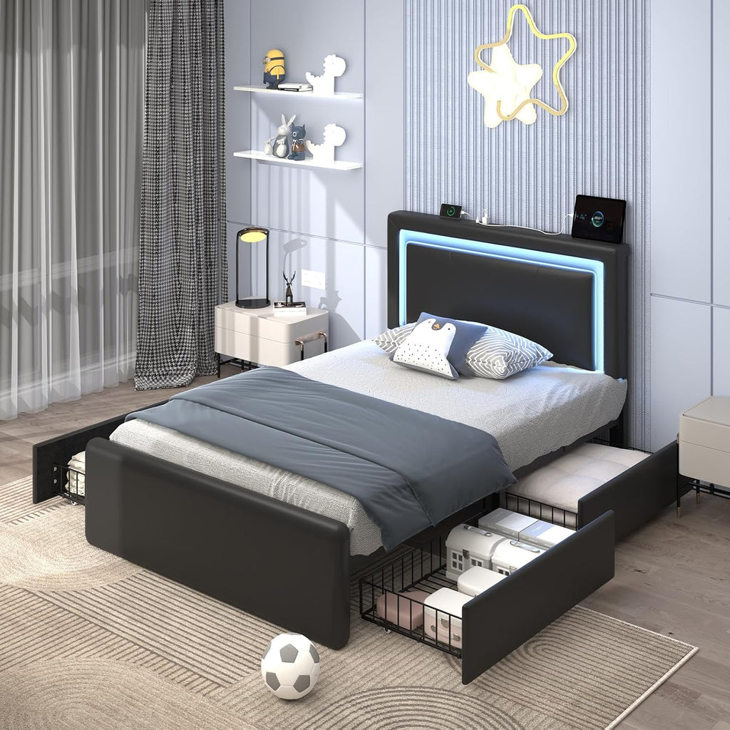 Twin Size Bed Frame with 4 Storage Drawers and LED Lights, Upholstered Platform Bed with Adjustable Headboard and Charging Station, Metal Slats Support, No Box Spring Needed,Easy Assembly, Black
