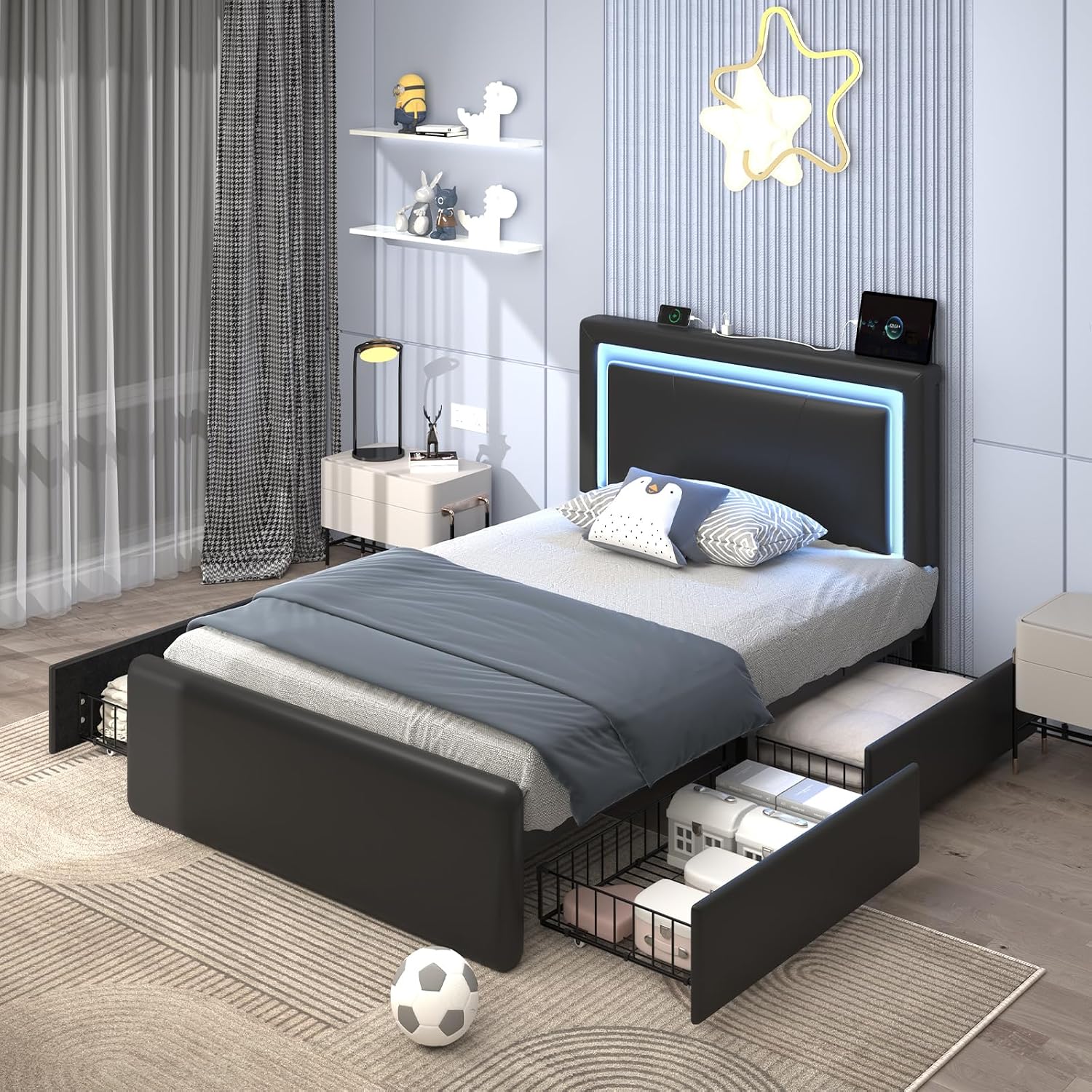 Twin Size Bed Frame with 4 Storage Drawers and LED Lights, Upholstered Platform Bed with Adjustable Headboard and Charging Station, Metal Slats Support, No Box Spring Needed,Easy Assembly, Black
