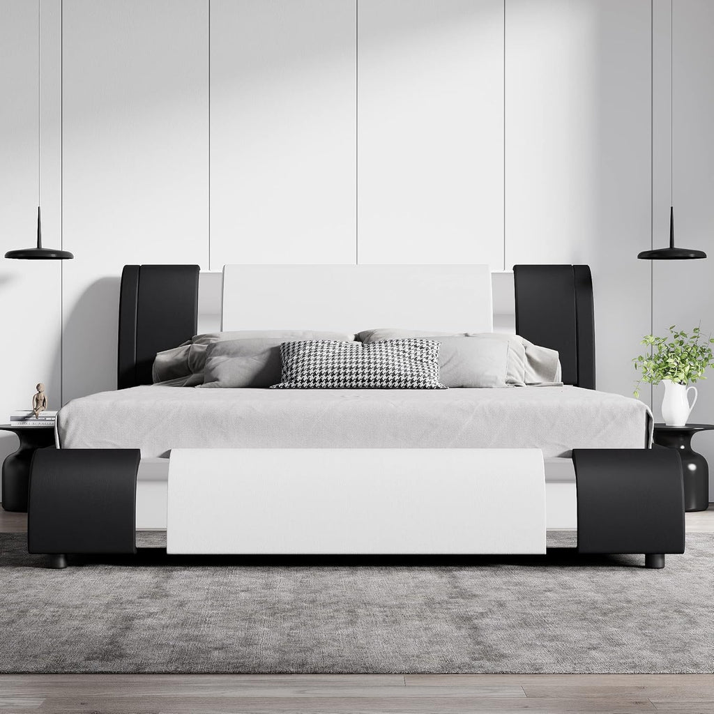 SHA CERLIN Modern Faux Leather King Bed Frame with Adjustable Headboard and Iron Accents, Deluxe Upholstered Platform Bed with Solid Wooden Slats Support - White + Black