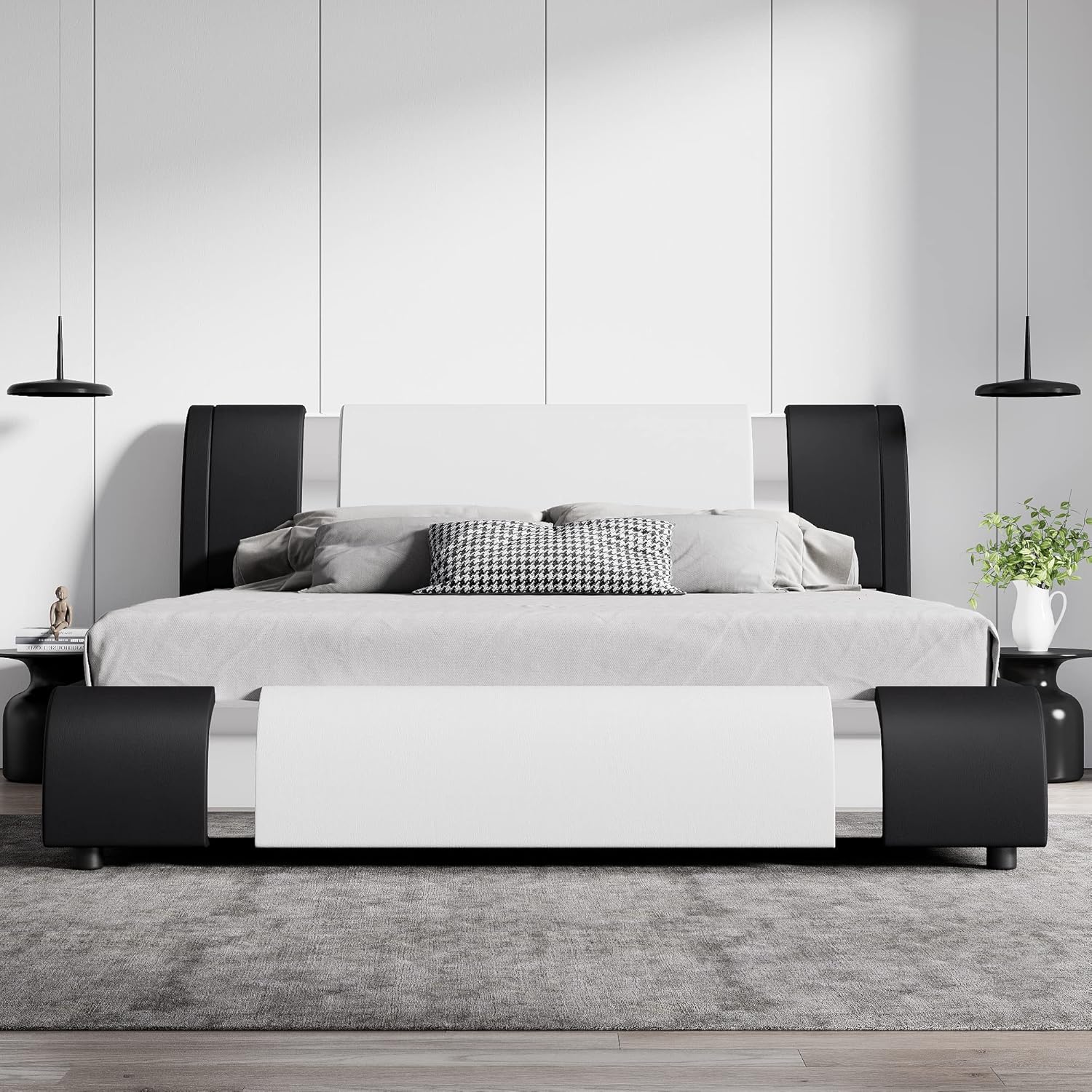 SHA CERLIN Modern Faux Leather King Bed Frame with Adjustable Headboard and Iron Accents, Deluxe Upholstered Platform Bed with Solid Wooden Slats Support - White + Black