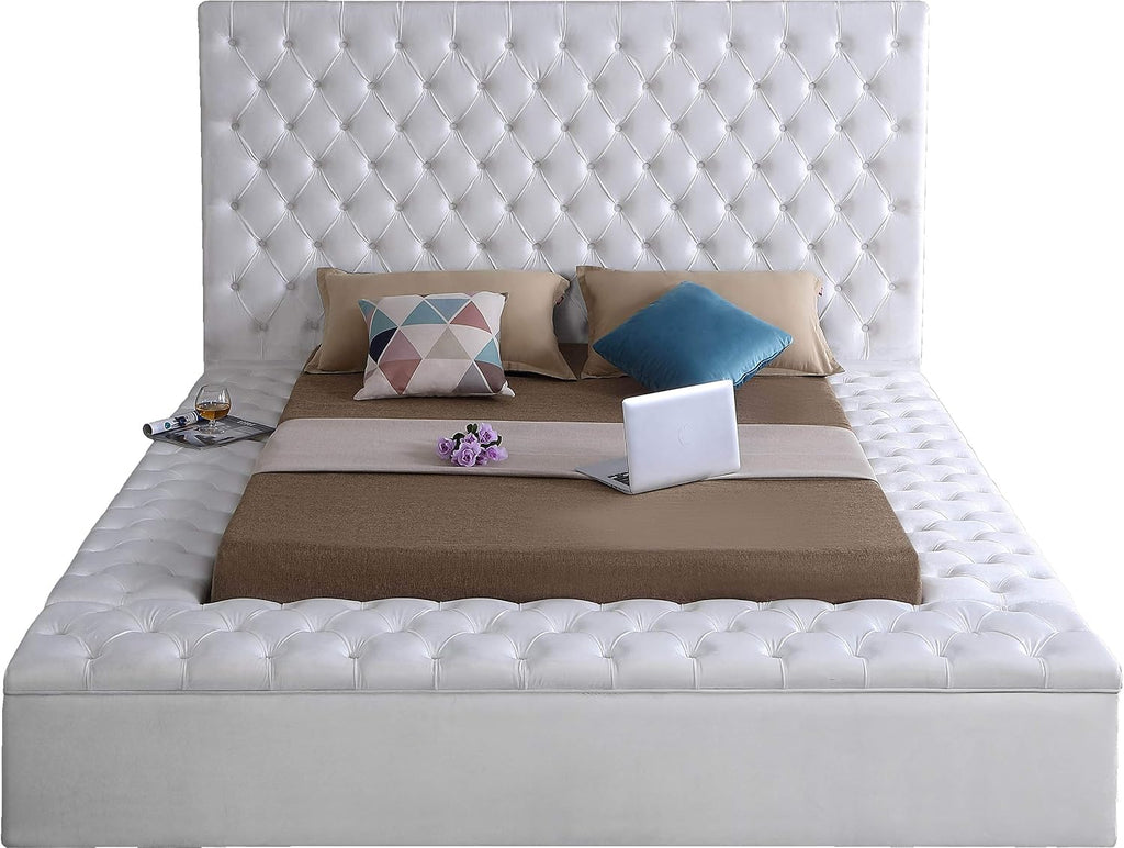 Meridian Furniture Bliss Collection Modern | Contemporary Velvet Upholstered Bed with Deep Button Tufting and Storage Compartments in Rails and Footboard, White, King