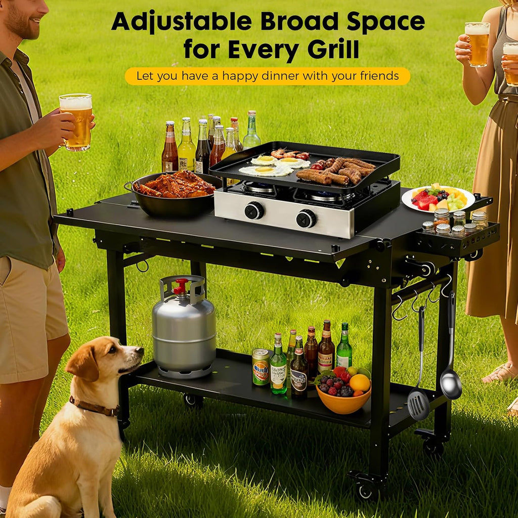 Portable Outdoor Grill Table with Wheels, Heavy-Duty Steel Prep Table, Folding Griddle Stand with Shelves, Bottle Opener, No Assembly Required, for BBQ, Pizza Oven, Patio
