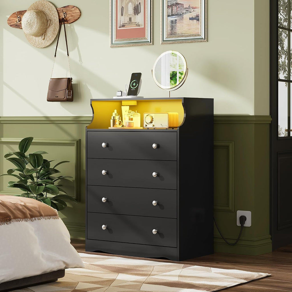 WLIVE Black LED Dresser for Bedroom, Tall Wood Dresser with 4 Drawers and Open Shelf, Chest of Drawers with Power Outlet for Living Room, Hallway, Closet