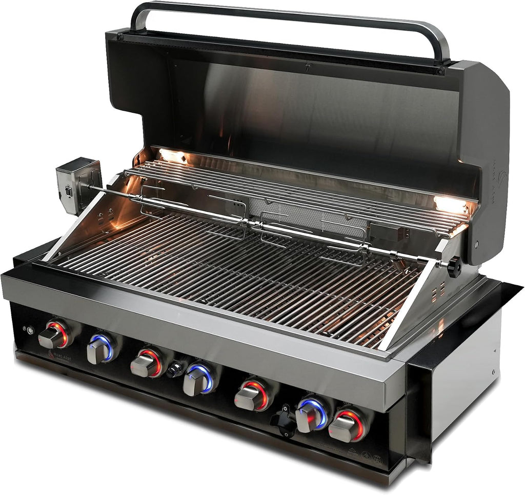 Mont Alpi MABi805-BSSTOOLKIT 44-inch 6 Burner 87000 BTU Black Stainless Steel Built-in Gas Grill + Universal Flat Top Griddle Kit & Pizza Converter + Barbecue 3 Piece Tool Kit with Cleaning Brush