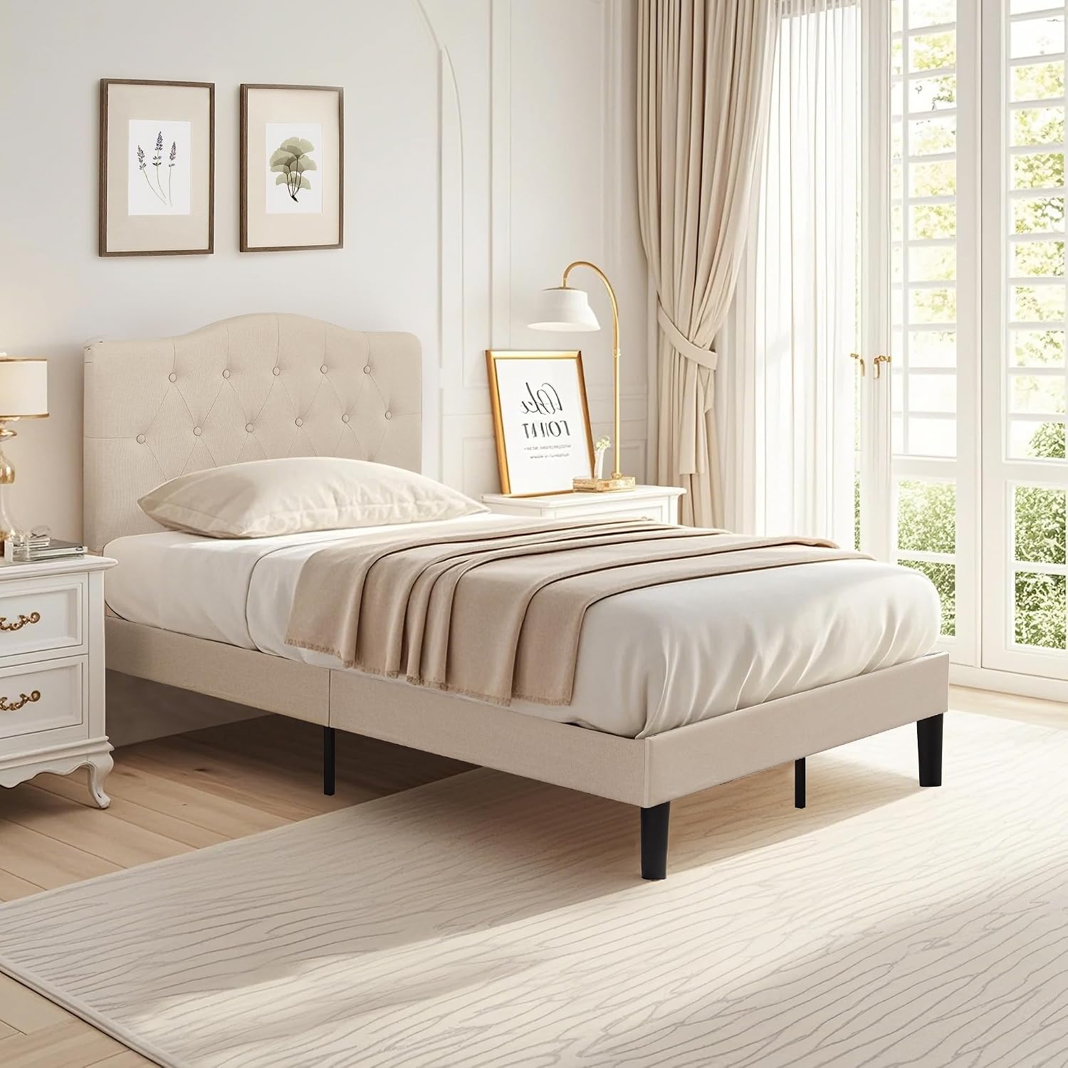 VECELO Twin Size Bed Frame Upholstered Platform with Tufted Adjustable Headboard/Mattress Foundation with Wood Slat Support, Easy Assembly,Beige