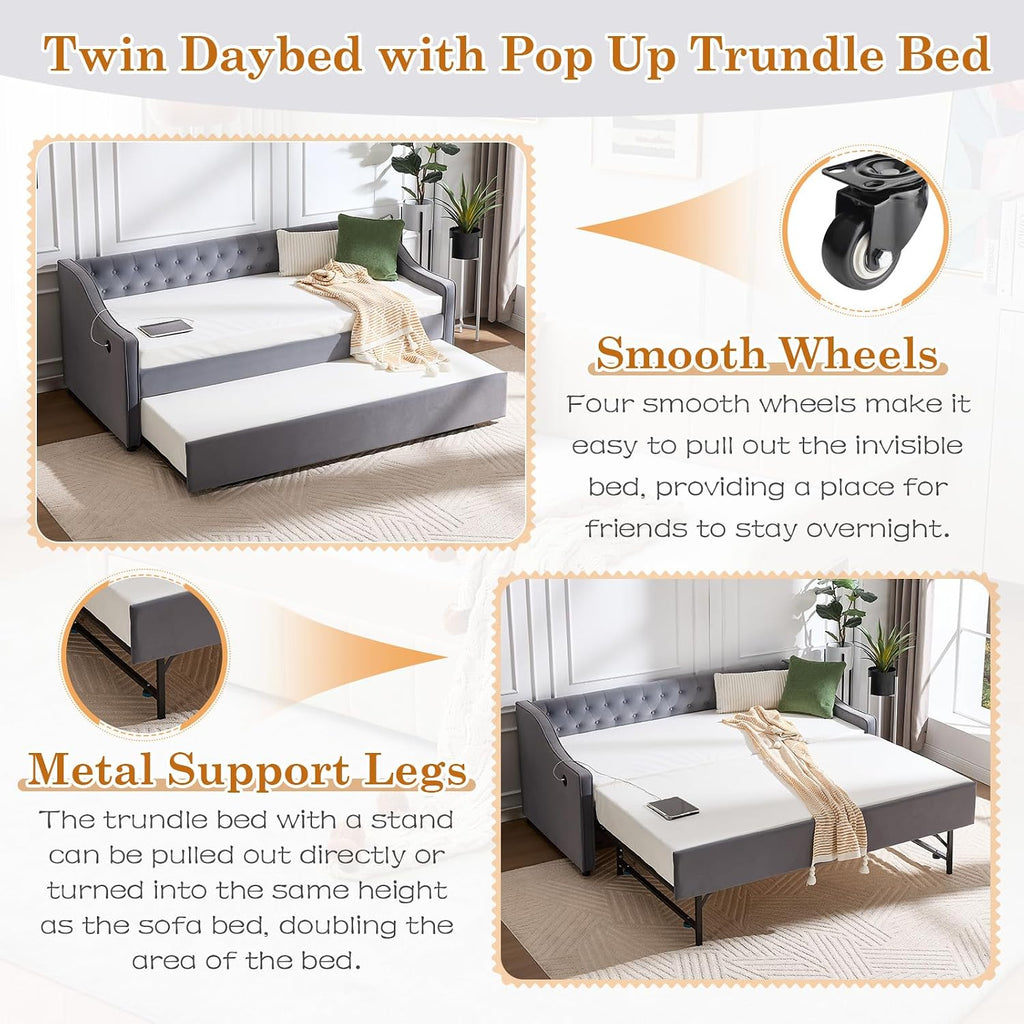 Twin to King Daybed with Trundle, USB Ports Soft Upholstered Daybed with Pop Up Trundle Bed Twin, Modern Extendable Day Bed Frame for Girls Bedroom Living Room Guest Room Small Places Dark Grey