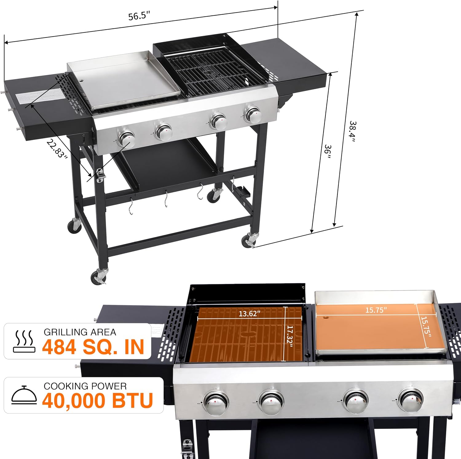 Propane Gas Griddle Grill Combo, 2-in-1 BBQ with Flat Top & Cast Iron Grate, 4 Burner Outdoor Cooking Station with Folding Shelf & Wheels, Stainless Steel Cart for Backyard Patio