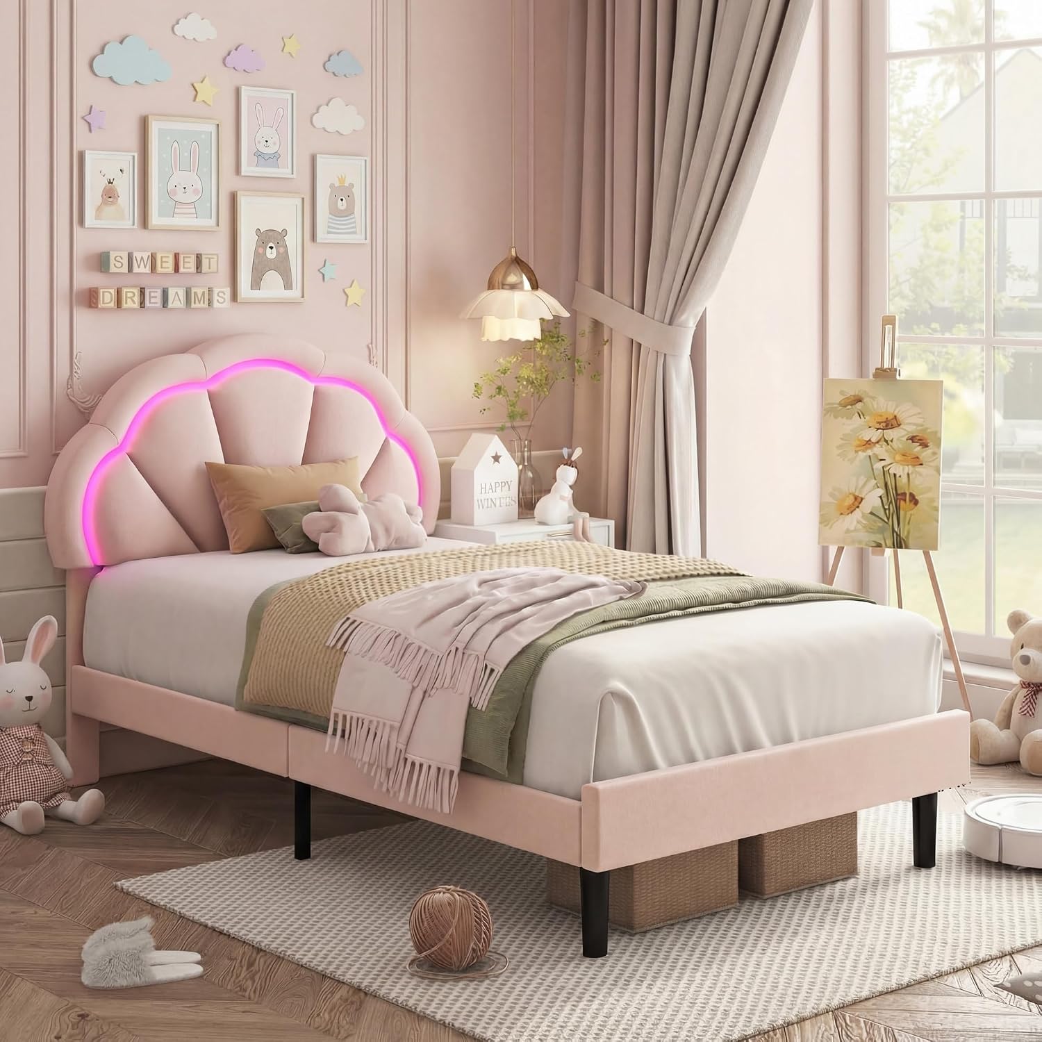 HIFIT Twin Upholstered Smart LED Bed Frame with Adjustable Chic Petal Headboard, Princess Twin Size Platform Bed Frames for Kids/Girls, Wooden Slat Support, No Box Spring Needed, Easy Assembly, Pink