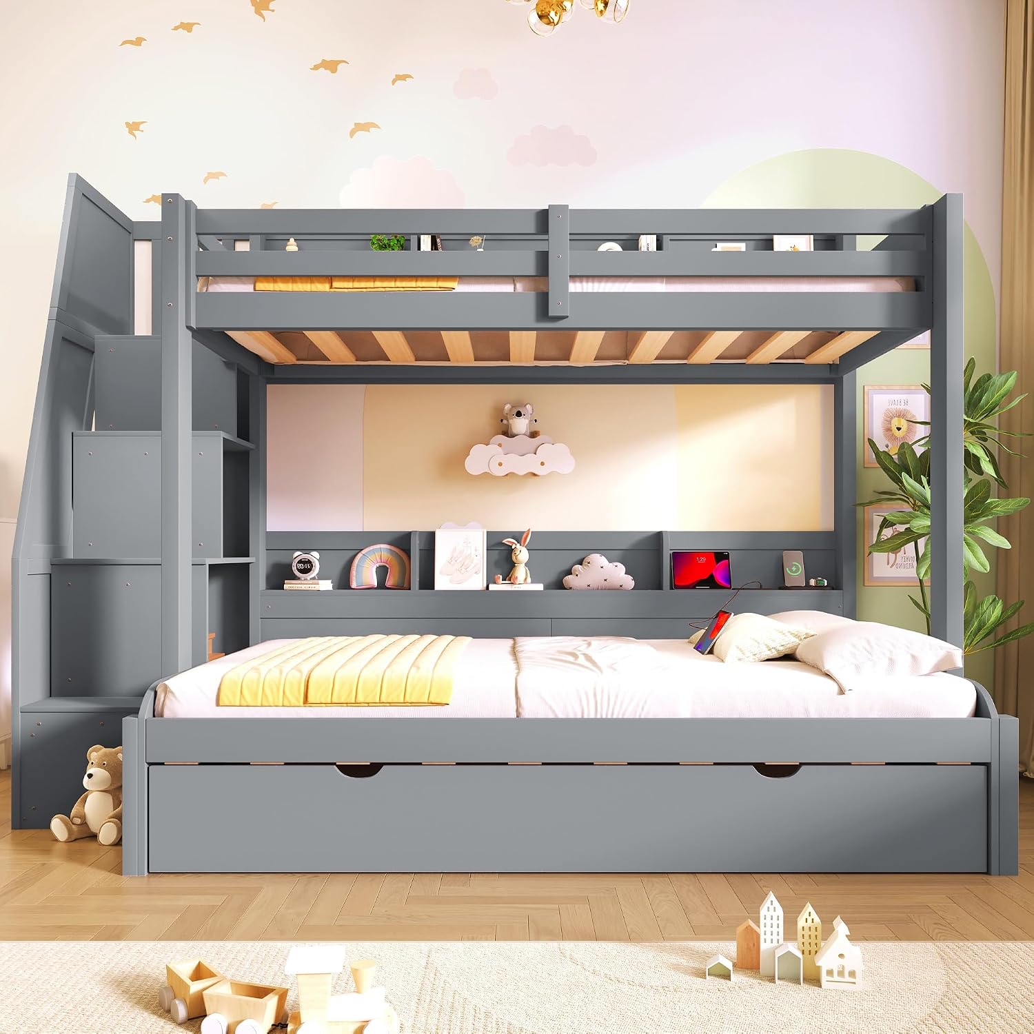 Twin Over Full Bunk Bed with Storage Staircase and Trundle,Storage Shelves, LED and USB,for Kids Teens Adults Bedroom Use (Grey-USB, Twin Over Full)
