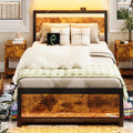 Ailisite Farmhouse Twin Size Bed Frame with Storage and 4 Drawers, Rustic Led Bed Frame with Headboard and Charging Station, Metal Twin Platform Bed Frame No Box Spring Needed, Noise Free, Brown