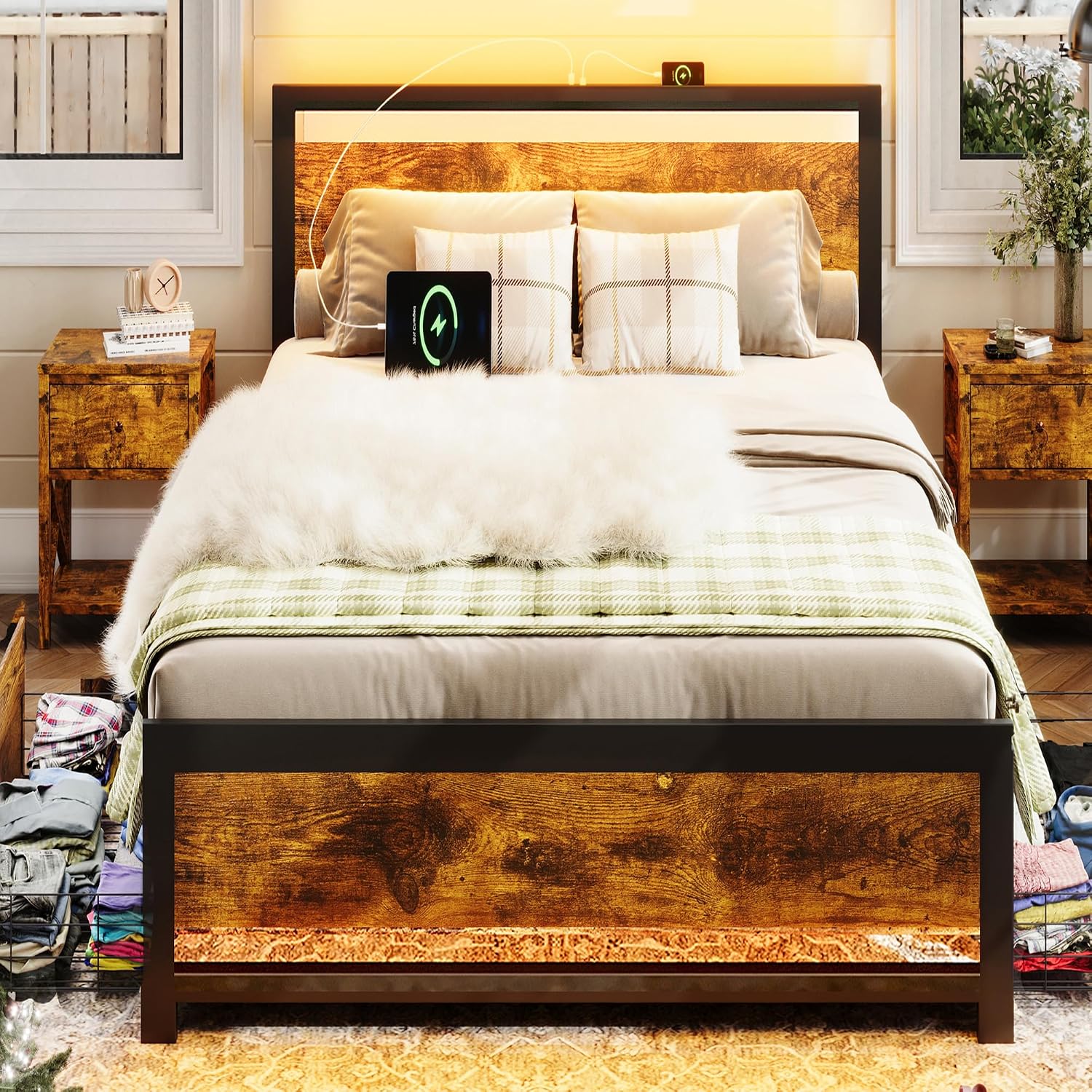 Ailisite Farmhouse Twin Size Bed Frame with Storage and 4 Drawers, Rustic Led Bed Frame with Headboard and Charging Station, Metal Twin Platform Bed Frame No Box Spring Needed, Noise Free, Brown
