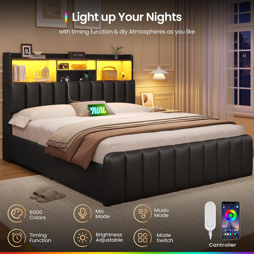 DICTAC Full Size Bed Frame with Bookcase Headboard, Upholstered Bed with Storage and 4 Oversized Drawers, LED Lights and Charging Station, Strong Metal Slats, No Box Spring Needed, Noise Free, Black