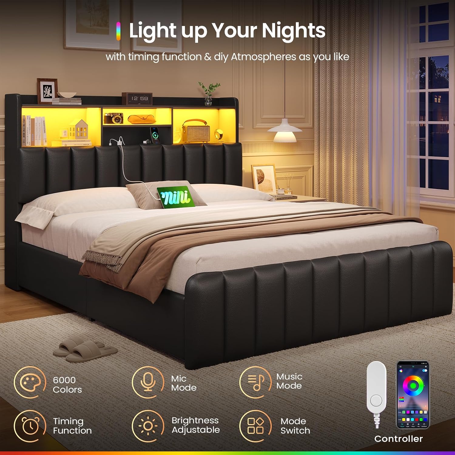 DICTAC Queen Bed Frame with Bookcase Headboard, Upholstered Bed Frame with Storage and 4 Oversized Drawers, LED Lights and Charging Station, Strong Metal Slats, No Box Spring Needed, Noise Free, Black