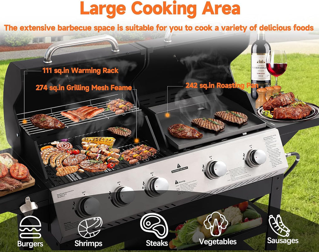 5-Burner Propane Gas Grill with Porcelain-Enameled Cast Iron Grate, Outdoor BBQ Grill 54000 BTU with 2 Side Table, Griddle Grill Combo with Hooks for Patio Garden Backyard Barbecue