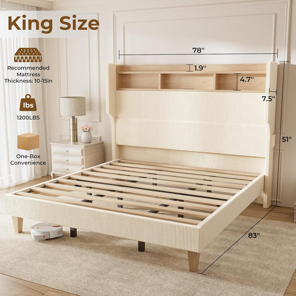 HOMRELEXA King Size Bed Frame with 51' Tall Headboard, LED Lights & Charging Station, Corduroy Upholstered Platform Bed with Storage Shelf, No Box Spring Needed, Cream