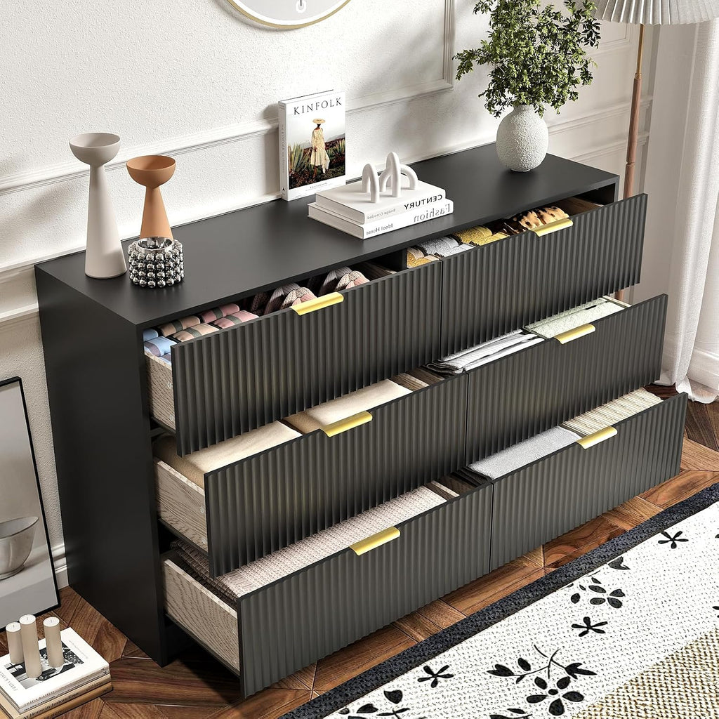 3-Piece Modern Bedroom Furniture Set, Wide 6-Drawer Dresser & 1-Drawer Nightstands Set of 2, Natural Wood Dresser and Nightstand Sets for Bedroom, Hallway, Black