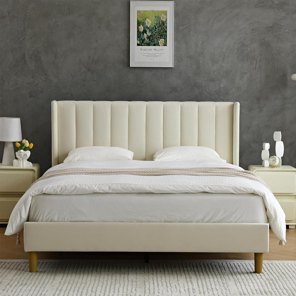 YUHUASHI upholstered Platform Bed Frame/Queen Bed Frame/Modern Geometric Double-Wing Design headboard/Velvet Fabric/Easy to Assemble no Noise (Cream, Queen (U.S. Standard))