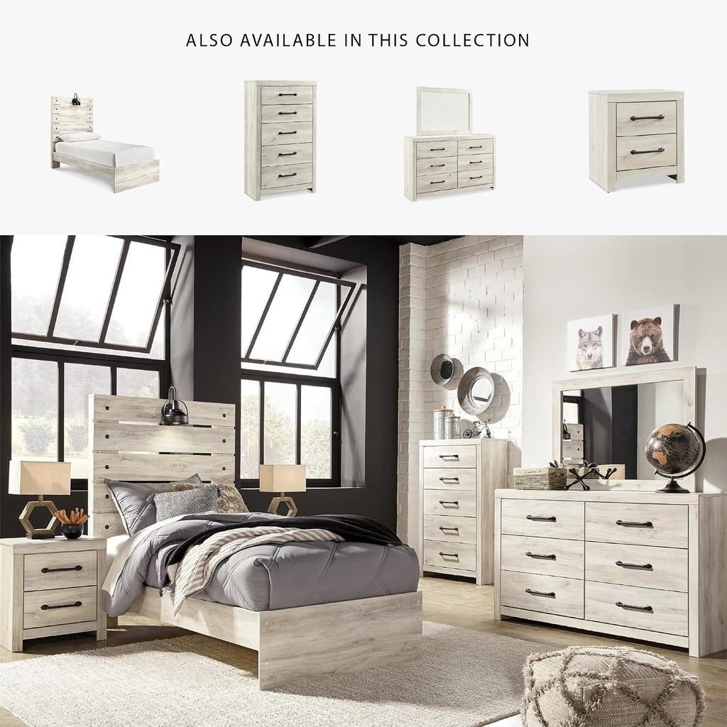 Signature Design by Ashley Cambeck Farmhouse Twin Panel Bed with Sconce Light and USB Ports, Foundation or Box Spring Needed, Whitewash