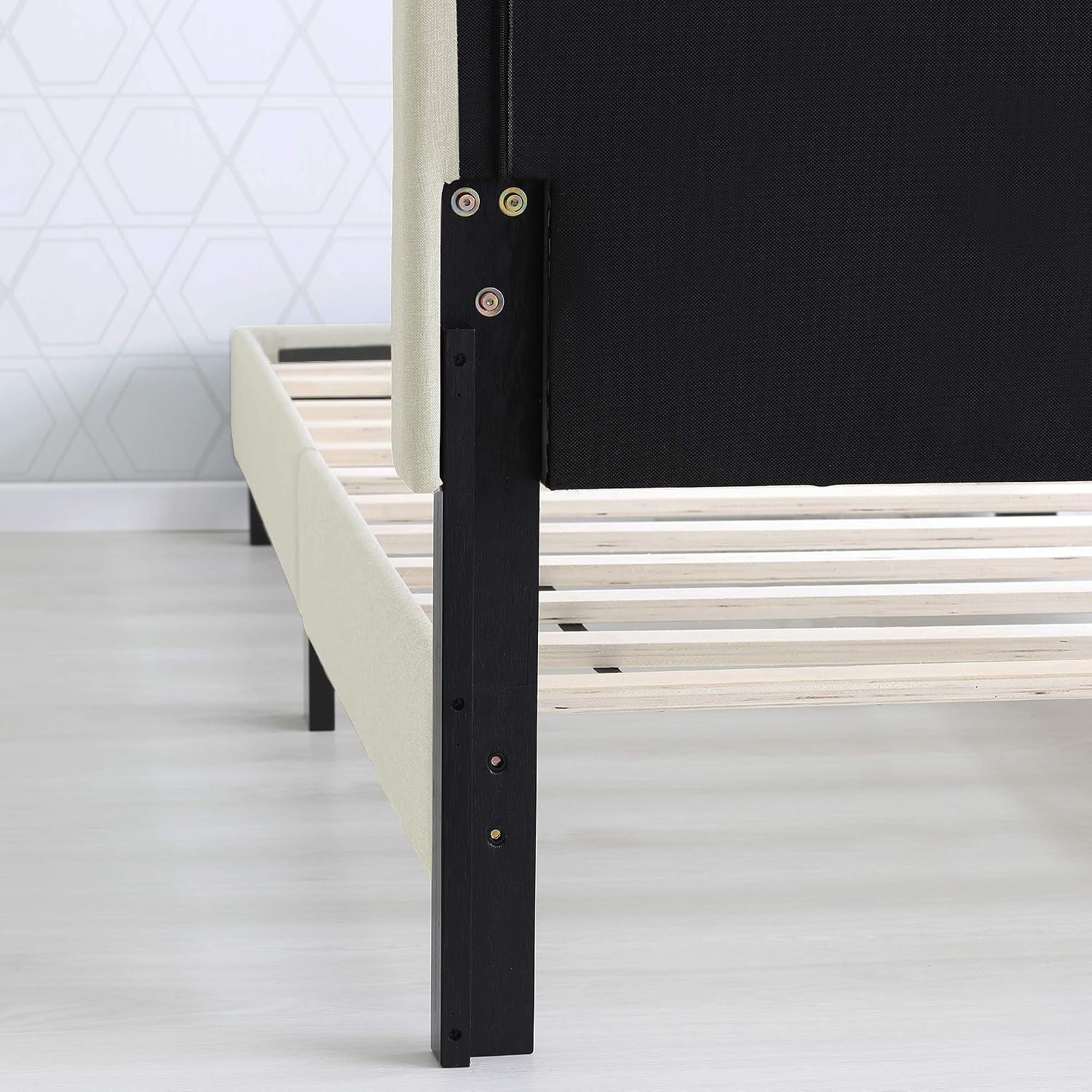 Furinno Laval Double Row Nail Head 12PC Slat Style Bed Frame, Twin, Linen