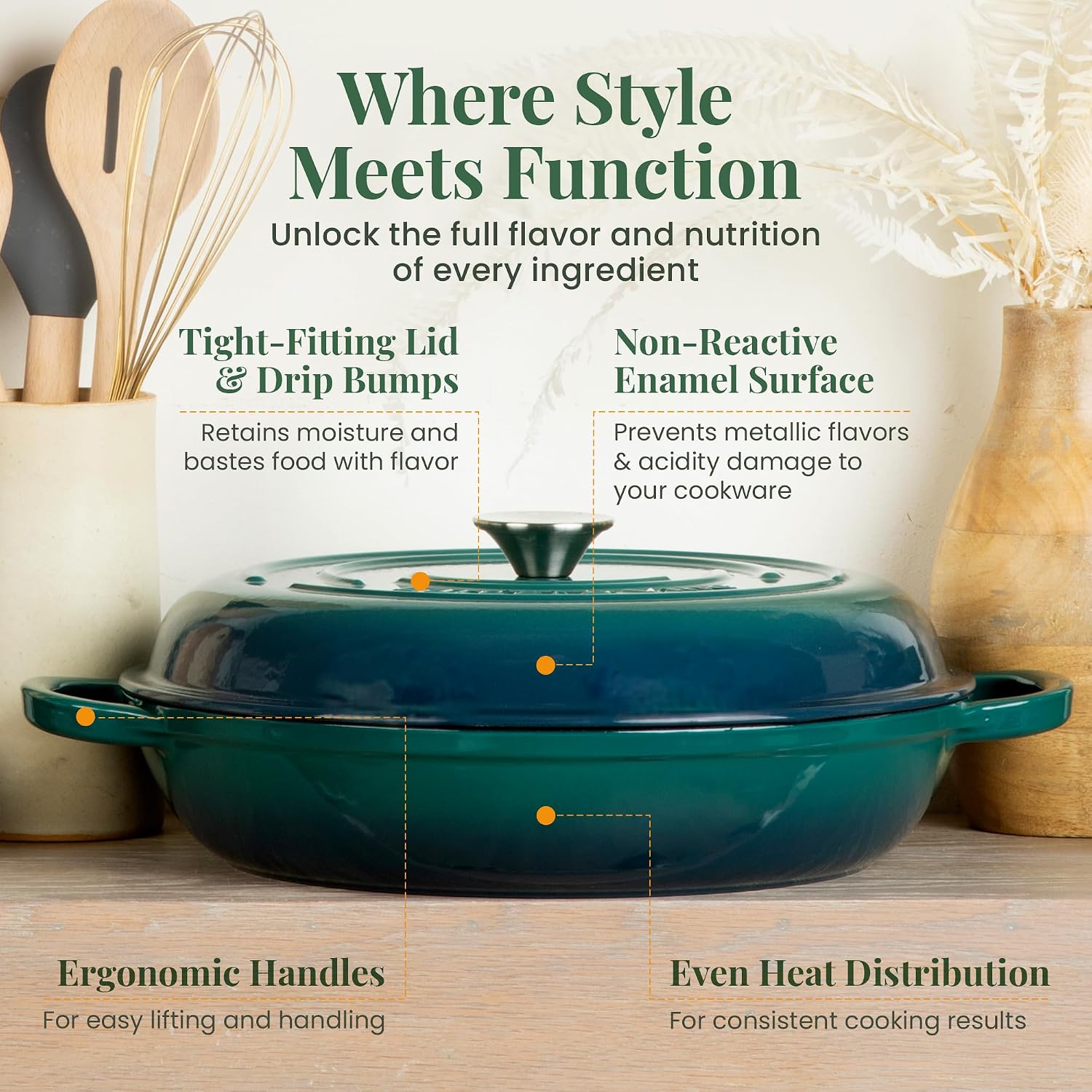 Larder & Vine Enameled Cast Iron Braiser | 3.6 qt Braiser Pan with Lid | Shallow Dutch Oven Compatible on All Cooktops | Casserole Dish Oven Safe to 500° F | Dual Handles | Bondi