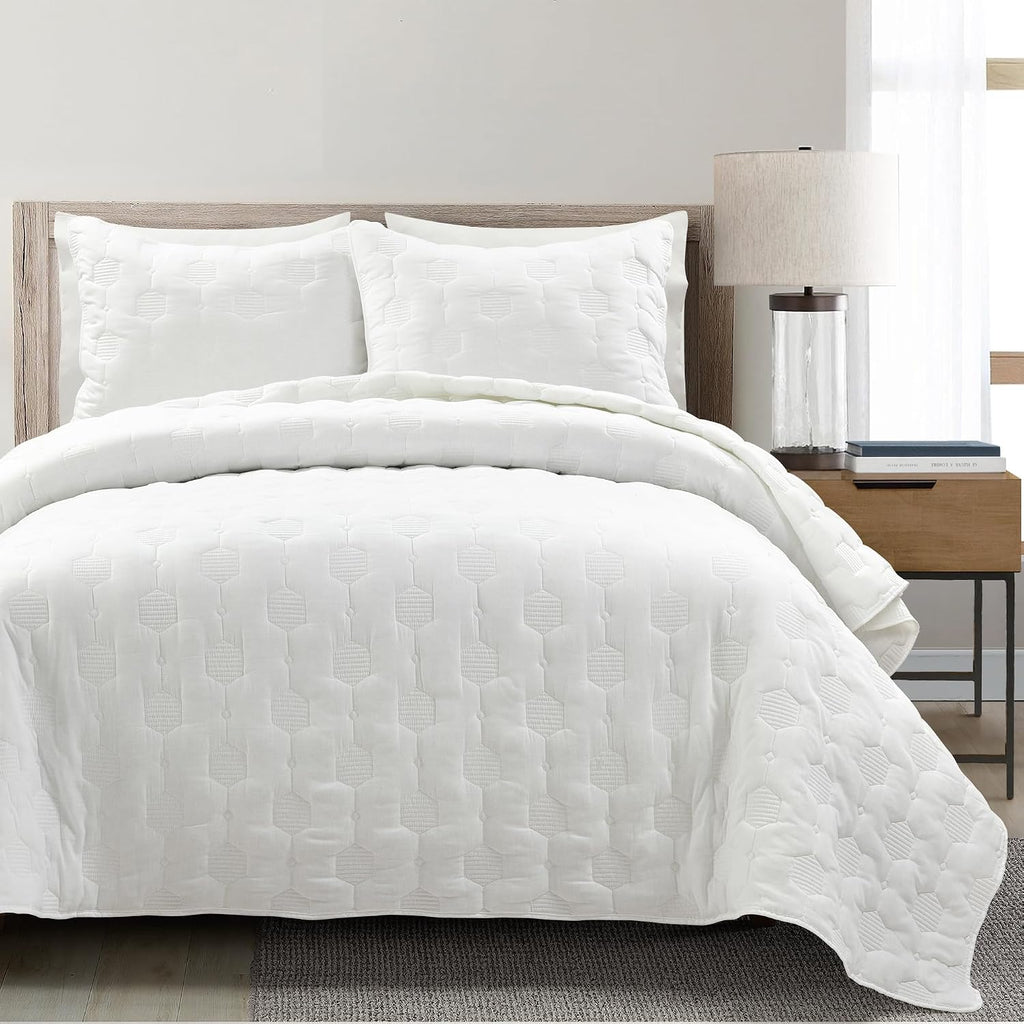 Lush Decor Hexagon Honeycomb Embroidered Textured Cotton Quilt 3 Piece Set Full/Queen White - Bedding Set - Geometric White Quilt - Minimalist Modern Decor