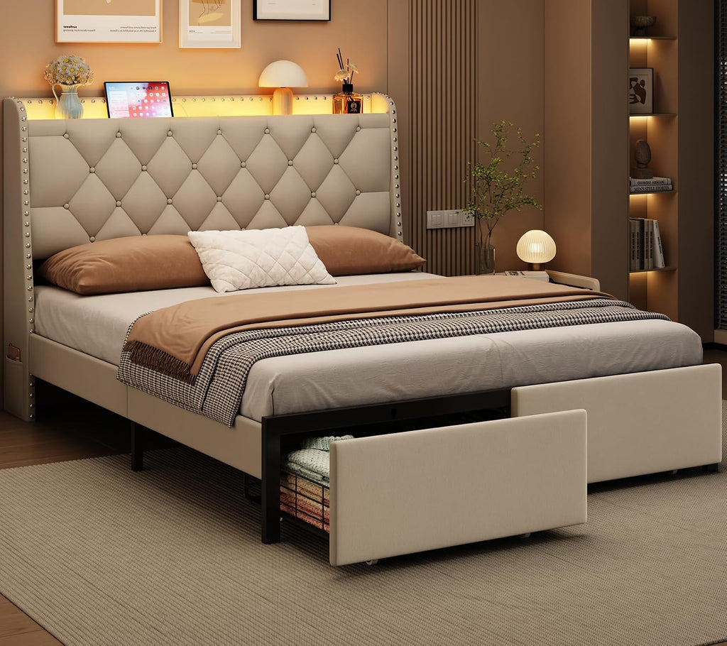 Full Bed Frame with Storage Drawers, LED Bed Frame with Charging Station, Velvet Button Tufted Upholstered Headboard, Wood Slats Support Noise-Free, No Box Spring Needed, Beige