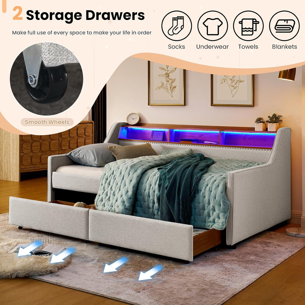 Antetek Twin Daybed with Storage Drawers & Wireless Charger, Upholstered Linen Daybed Frame with USB/Type C/LED Headboard, Modern Sofa Day Bed for Living Room, No Box Spring Needed, Beige