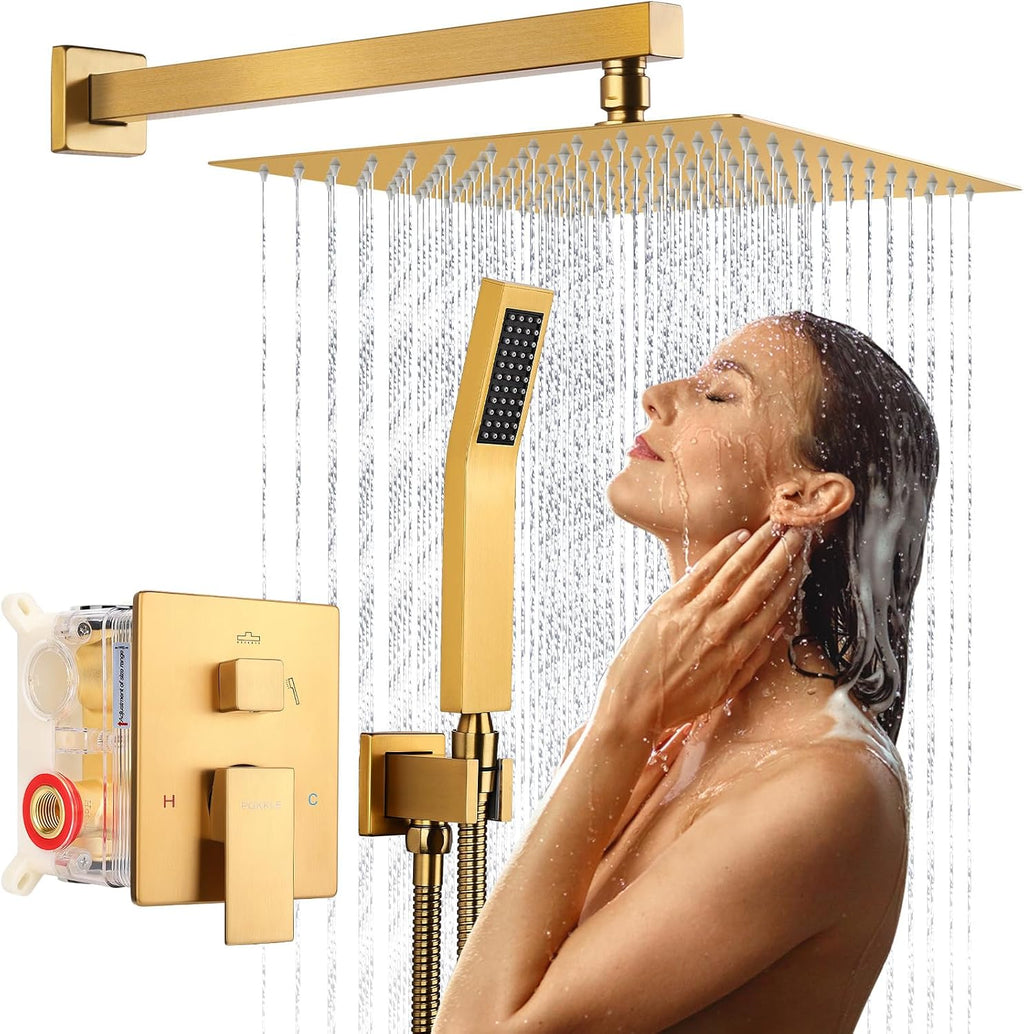 Rainfall Shower System - Wall Mounted Complete Combo with Solid Brass Pressure Balancing Valve, High Pressure Shower Head, Handle Set & Installation Accessories Brushed Gold 10'+Handheld Spray