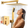 Rainfall Shower System - Wall Mounted Complete Combo with Solid Brass Pressure Balancing Valve, High Pressure Shower Head, Handle Set & Installation Accessories Brushed Gold 10'+Handheld Spray