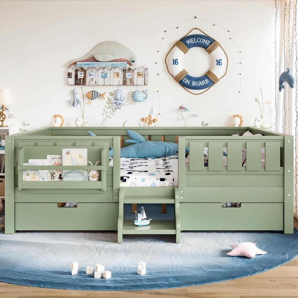 Bellemave Full Size Montessori Bed with Stairs, Rails and Slats, Full Size Montessori Floor Bed with Bookshelf and 2 Storage Drawers, Easy Assemble Beds Frame for Girls, Boys, Avocado Green