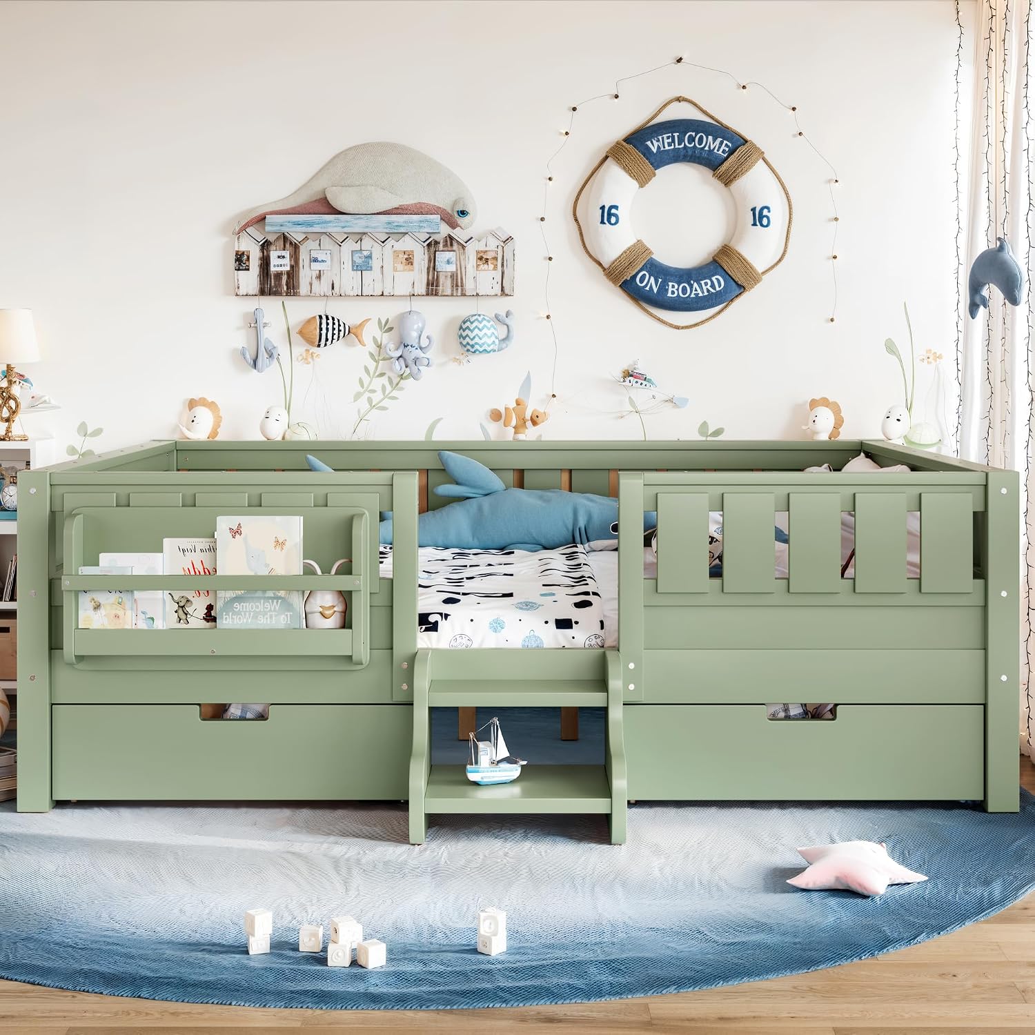 Bellemave Full Size Montessori Bed with Stairs, Rails and Slats, Full Size Montessori Floor Bed with Bookshelf and 2 Storage Drawers, Easy Assemble Beds Frame for Girls, Boys, Avocado Green