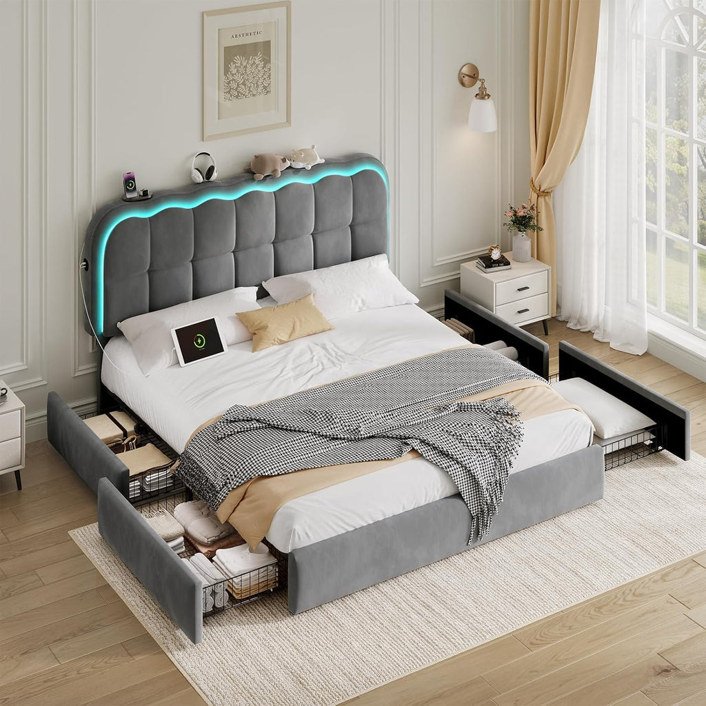 CypBed Queen Size Bed Frame with 4 Storage Drawers & LED Lights, Velvet Upholstered Platform Bed Frame with Charing Station and Adjustable Headboard, Wood Slats Support, No Box Spring Needed, Grey