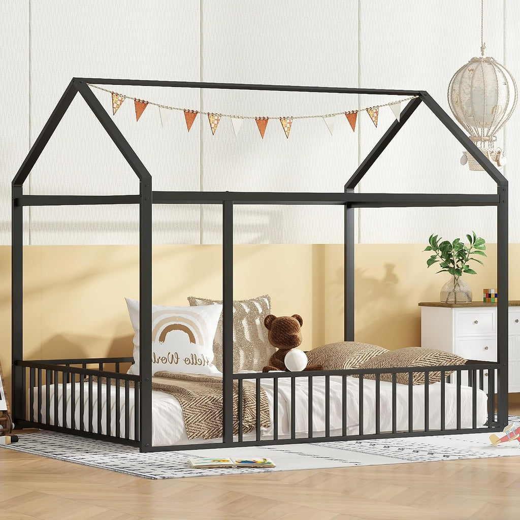 Bellemave Twin Floor Bed Frame, Metal Montessori Floor Bed Twin with Fence for Boys Girls Bedroom Playhouse for Kids No Slat, Easy Assembly House Shaped Floor Beds Black