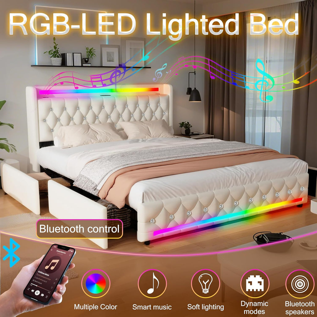Juego 5-in-1 LED Light Queen Bed Frame with Bluetooth Speakers,Upholstered Platform Bed with USB & Type-C Charging Station,4 Drawers Storage and Wooden Slats Support,Velvet Bed with Headboard,Beige