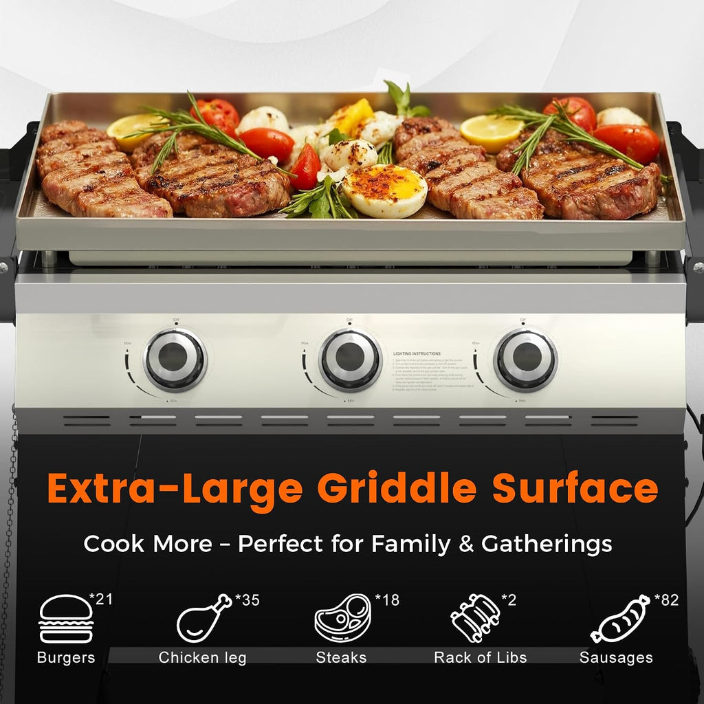 3-Burner Propane Grill, 34,000 BTU Outdoor Flat Top Propane Gas Griddle Grill with 540 Sq In Cooking Area, Rolling Wheels, Folding Side Shelves & Cover for Camping, Backyard BBQ (3 Burner)
