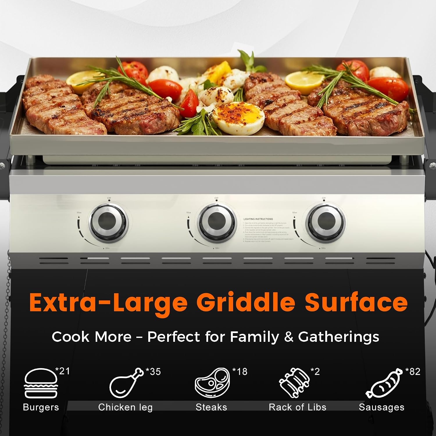 3-Burner Propane Grill, 34,000 BTU Outdoor Flat Top Propane Gas Griddle Grill with 540 Sq In Cooking Area, Rolling Wheels, Folding Side Shelves & Cover for Camping, Backyard BBQ (3 Burner)