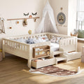 Bellemave Full Size Bed with Slats and Stairs, Full Size Platform Bed Frame with Fence, Bookshelf and Storage Drawers, Easy Assemble Beds for Kids, Girls, Boys, Beige