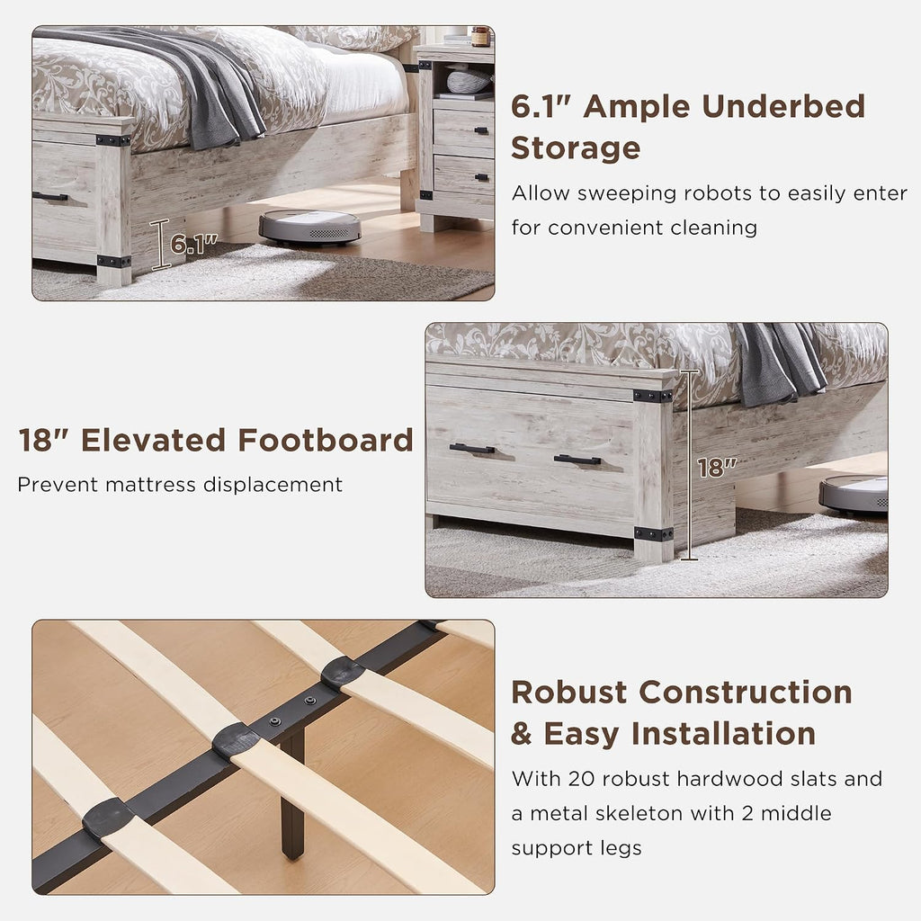 T4TREAM Farmhouse Queen Size Bed Frame with 54' Tall Geometric Headboard & 2 Large Storage Drawers, Rustic Wood Platform Bed with Wood Slats Support, No Box Spring Needed, Antique Brushed White
