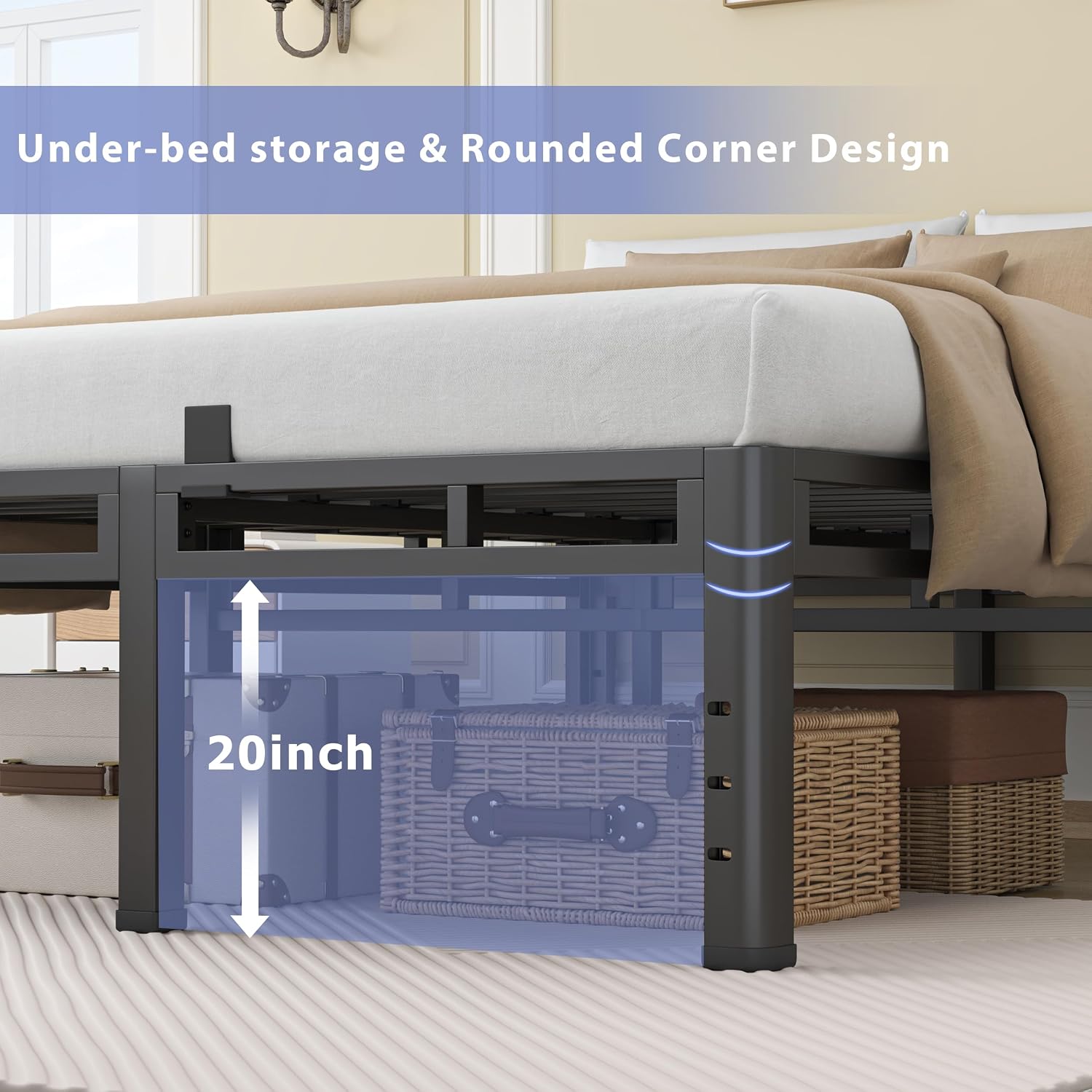 NKZ 24 Inch King Size Bed Frame, Metal Bed Frame & Box Spring 2 in 1 Platform with Round Corner Legs, 4000Lbs Heavy Duty Metal Frame, Mattress Slide Stopper, Headboard Hole, Noise-Free, Easy Assembly