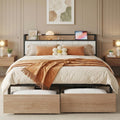 LIKIMIO Queen Size Bed Frame, Storage Headboard with Charging Station, Platform Bed with Drawers, No Box Spring Needed, Easy Assembly, Wood and Cream