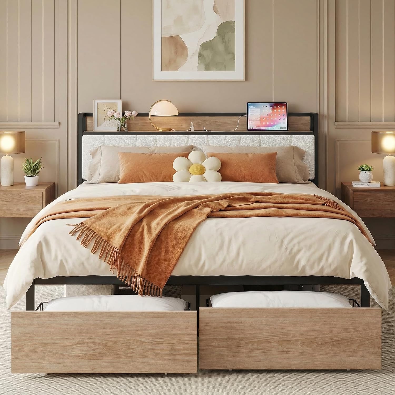 LIKIMIO Queen Size Bed Frame, Storage Headboard with Charging Station, Platform Bed with Drawers, No Box Spring Needed, Easy Assembly, Wood and Cream